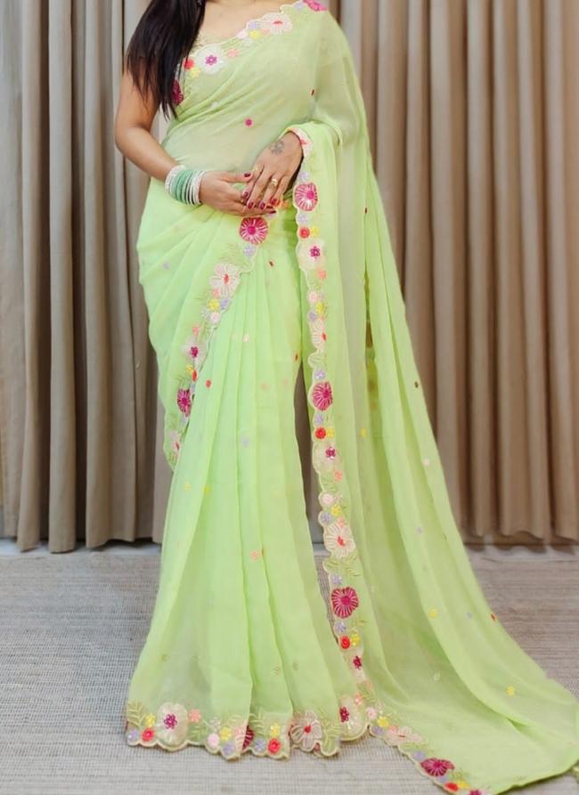Faux Georgette Light Green Traditional Wear Embroidery Work Saree